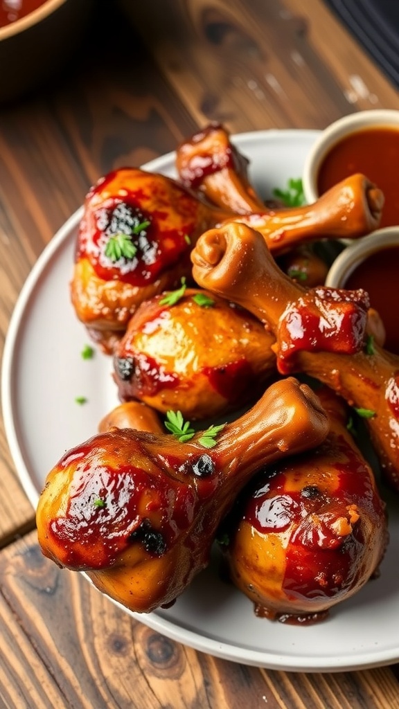 Smoked chicken drumsticks on a plate with herbs and barbecue sauce.